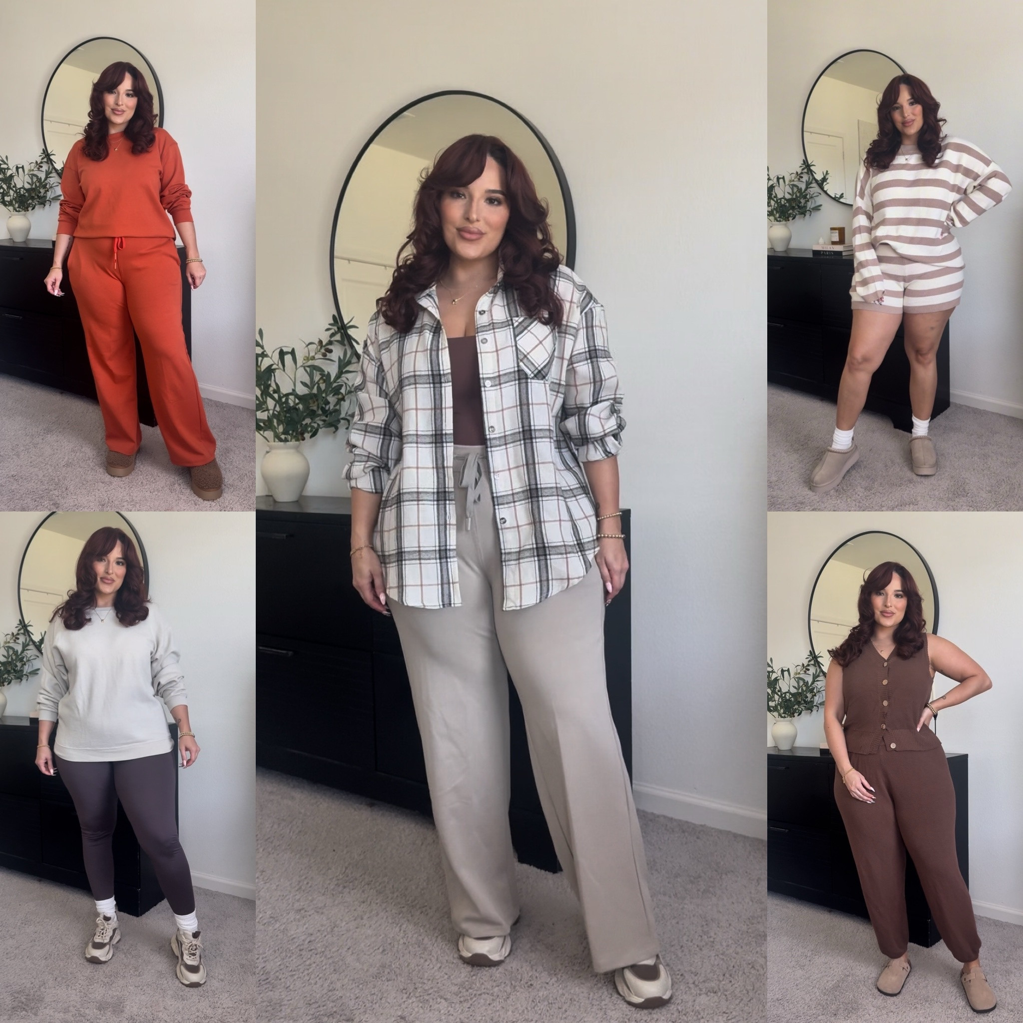 Orange set: XL | beige sweatshirt: L | leggings: Xxl | khaki wide leg pants: XL (part of a set) | Brown tank: L | flannel: XL | striped set: XL | brown set: XL