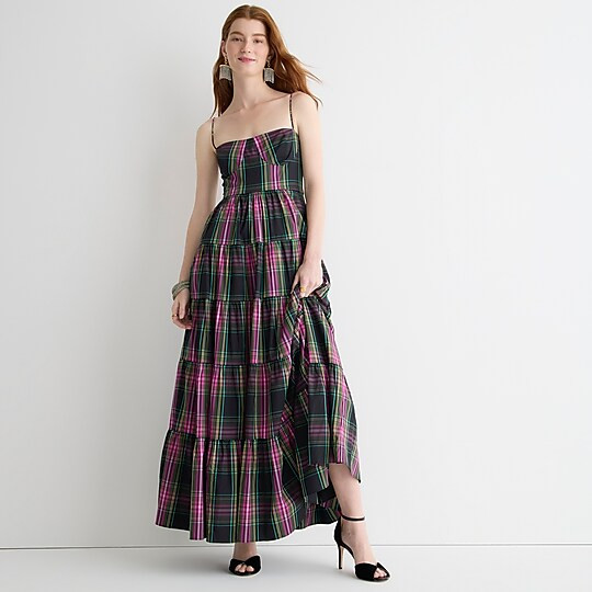 Tiered taffeta maxi dress in pink Stewart tartan | J. Crew US