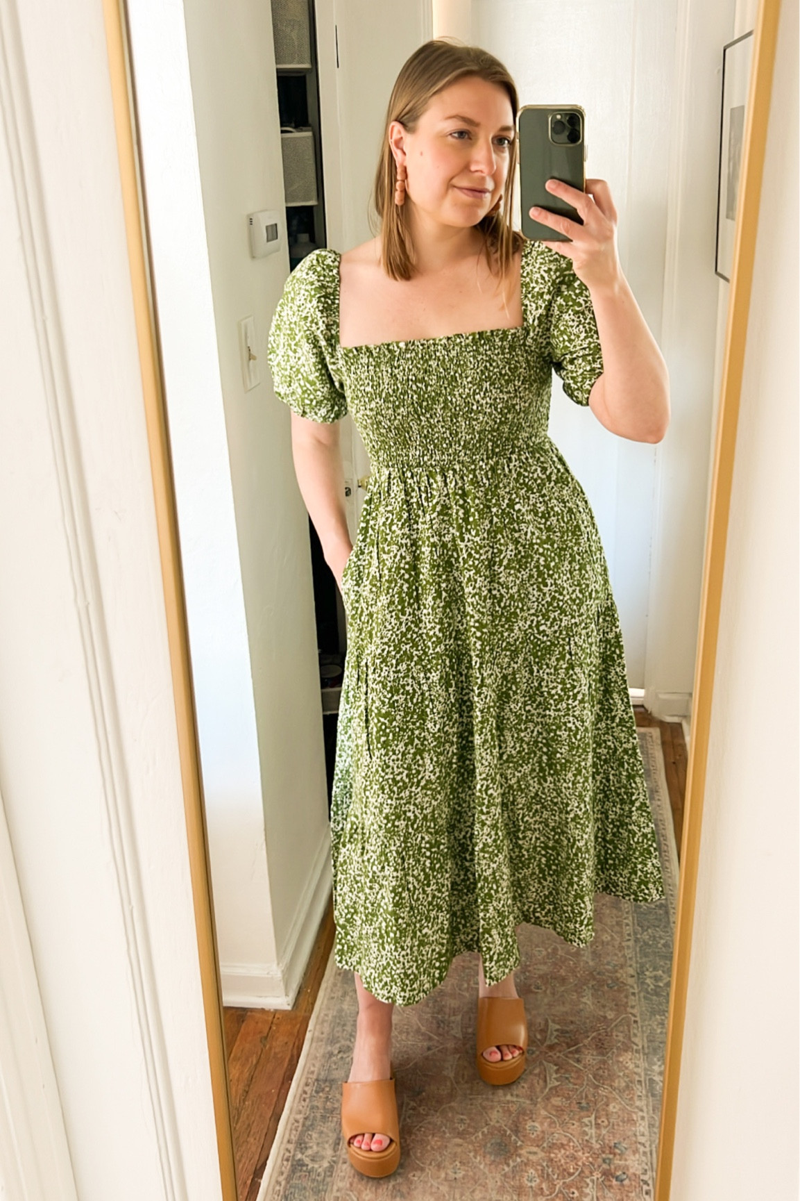 wedding guest dress, spring dress, midi dress, smocked dress, smocked midi dress, cocktail dress, patterned dress, green patterned dress, floral print dress, floral print midi dress, statement earrings

#LTKwedding #LTKshoecrush #LTKSeasonal