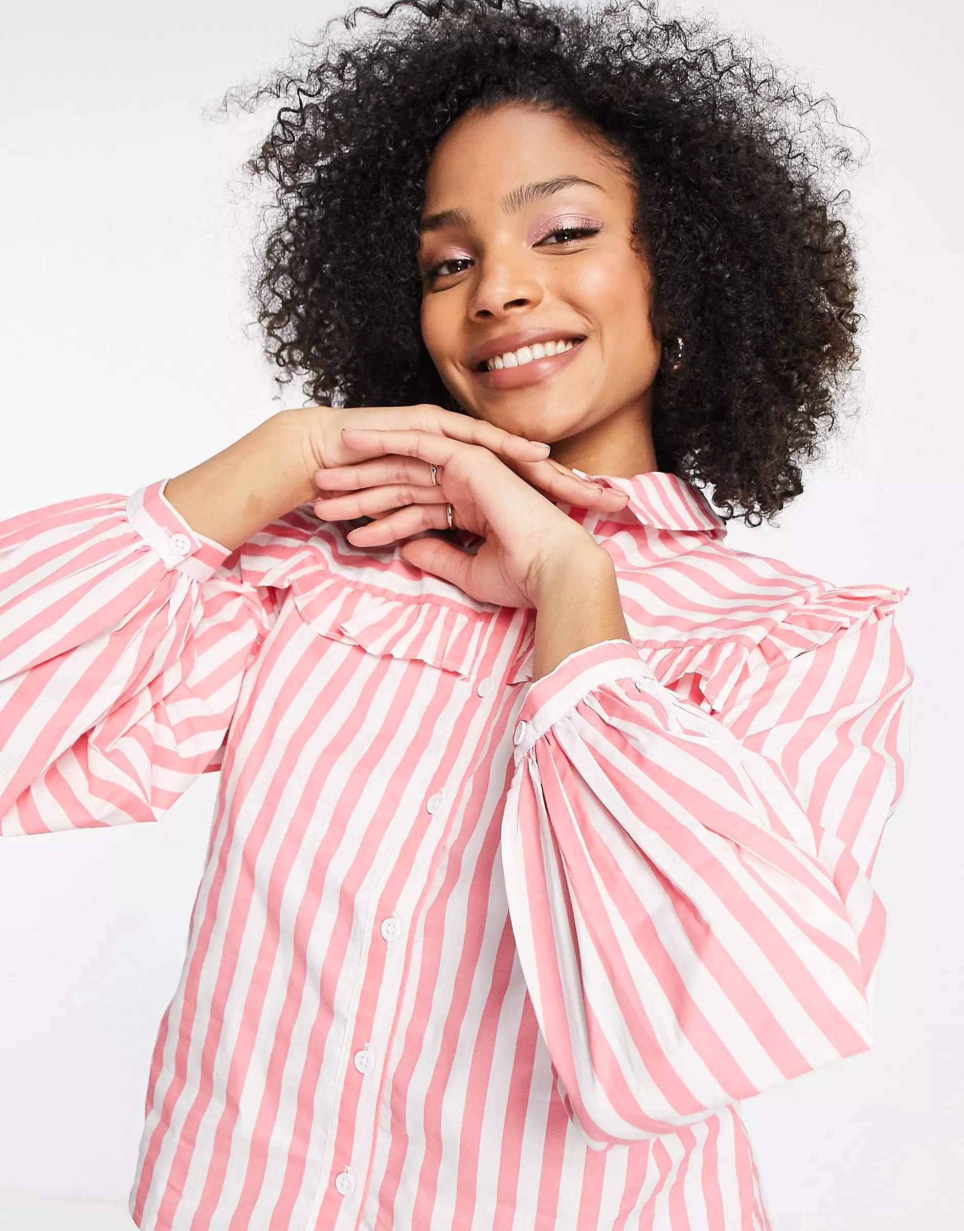 Nobody's Child oversized shirt with frill details in pink stripe | ASOS (Global)