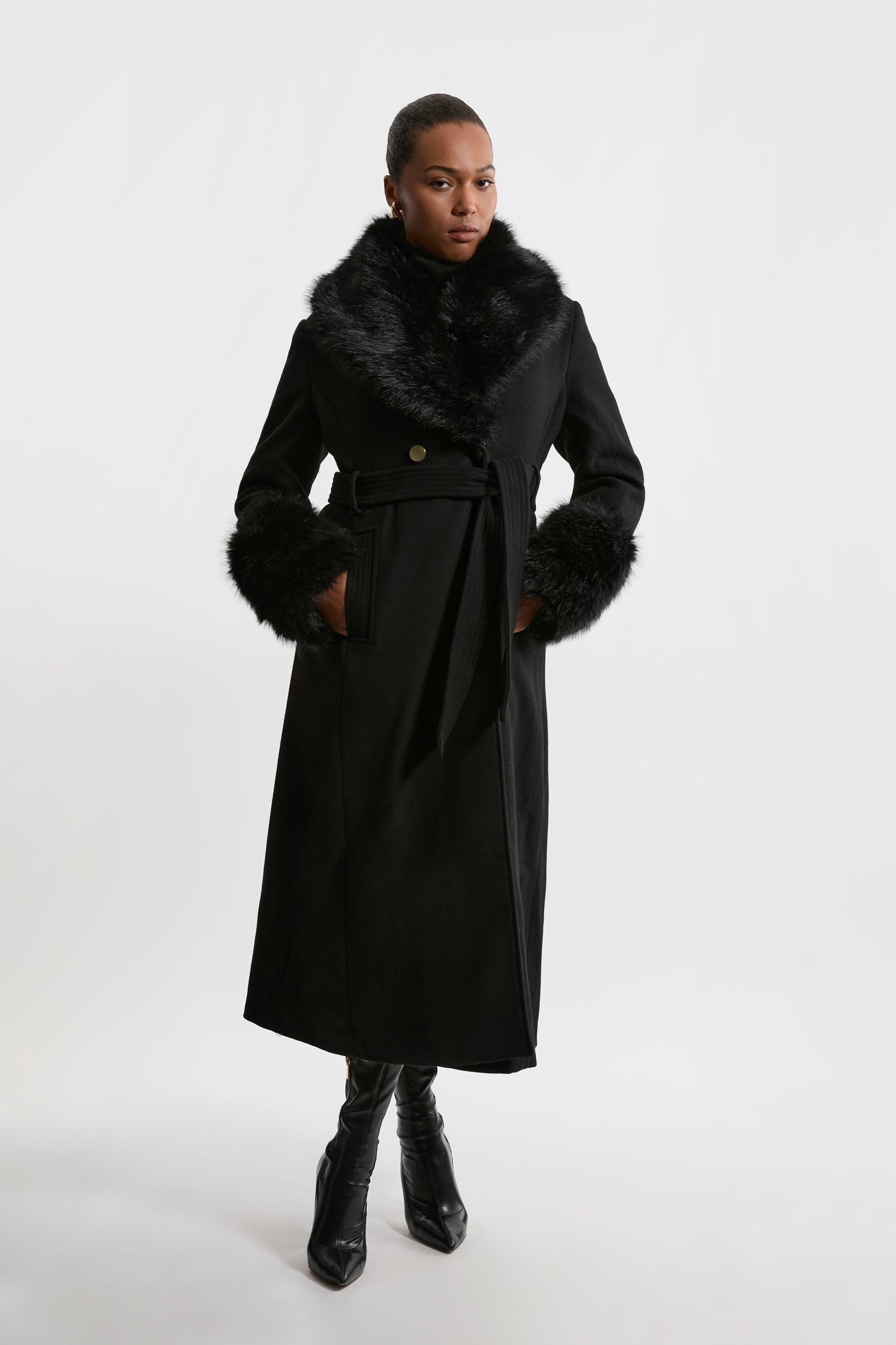 Plus Size Wool Blend Detachable Faux Fur Belted Midi Coat | Karen Millen UK + IE + DE + NL