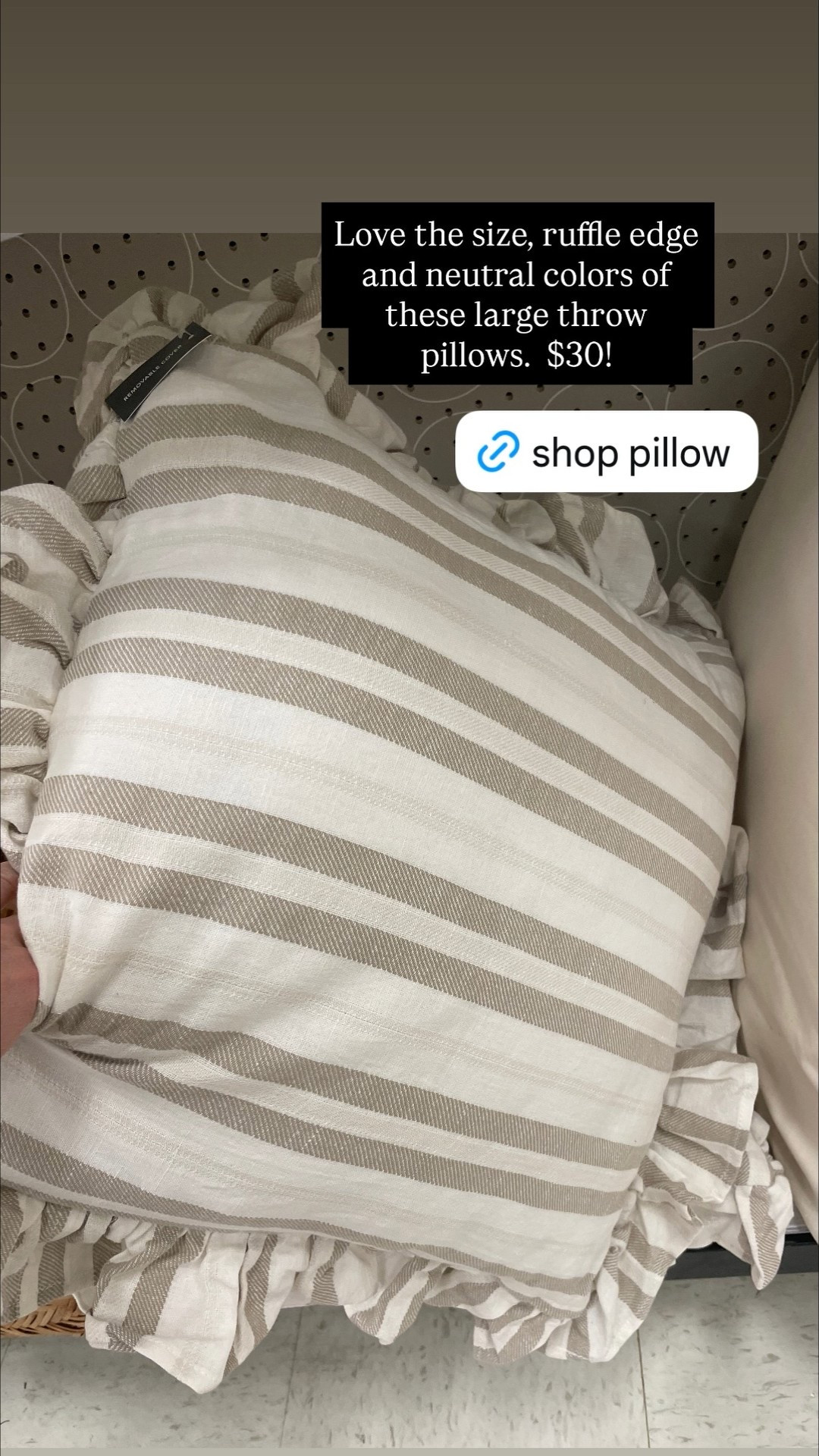 Love the size, ruffle edge and neutral colors of these large throw pillows. $30!