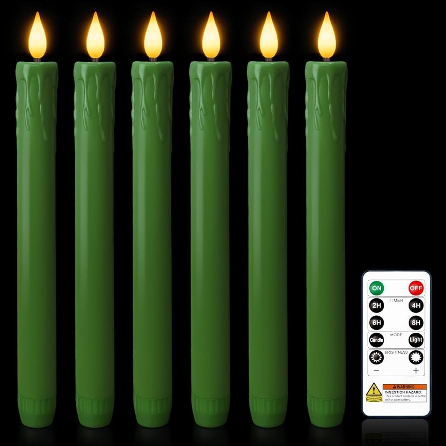 Homemory 6 Pcs Real Wax Green Flameless Taper Candles with Remote Timer, 9.6 Inches LED Fake Cand... | Amazon (US)