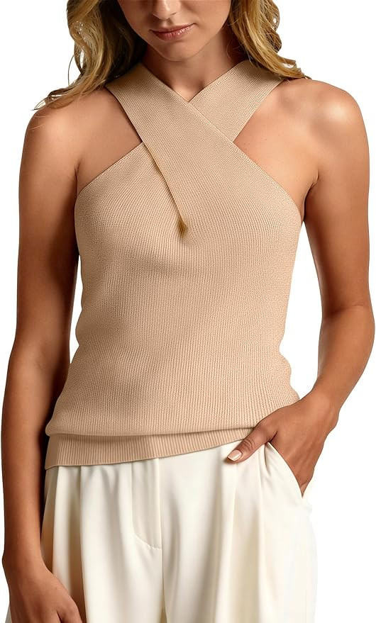 Women's Halter Neck Crossover Sleeveless Ribbed Knit Tank Top Slim Fit Casual Summer Basic Top | Amazon (US)