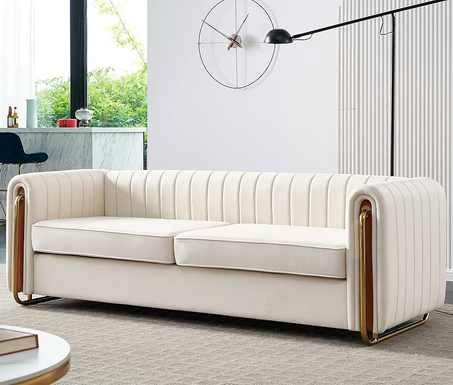 Melpomene Vertical Channel Tufted Velvet Sofa with Round Arm and Gold Metal Legs,Armrest 84.25" W... | Amazon (US)