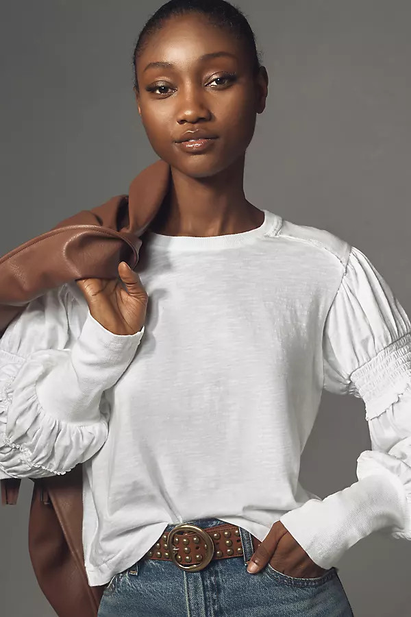 Pilcro Crew-Neck Ruched & Smocked-Sleeve Top | Anthropologie (US)