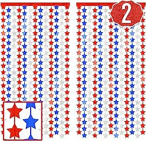 xo, Fetti Fourth of July Star Foil Curtain - 2 pack | Red, Blue + Silver Tinsel Photobooth Curtai... | Amazon (US)