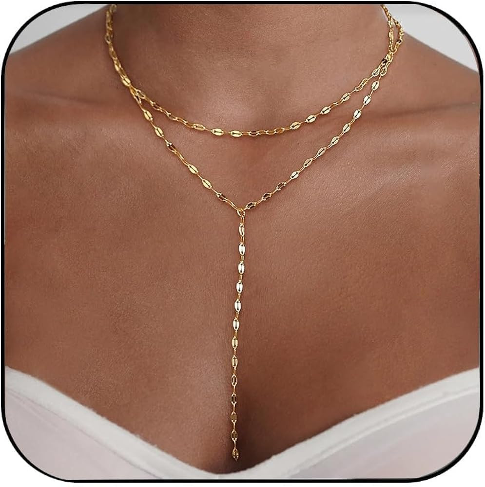 Gold Necklace for Women, Dainty Gold Long Necklaces 14k Gold Plated Prom Lariat Necklace Cute Cho... | Amazon (US)