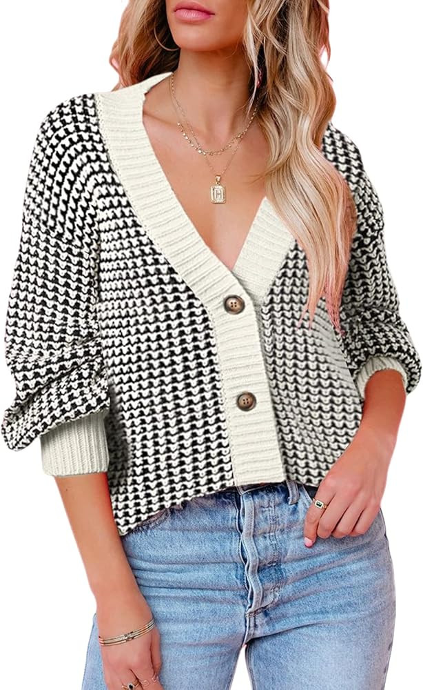 Sidefeel Womens Plaid Knitted Open Front Long Sleeve Casual Button Down Loose Cardigan Sweaters Coat | Amazon (US)