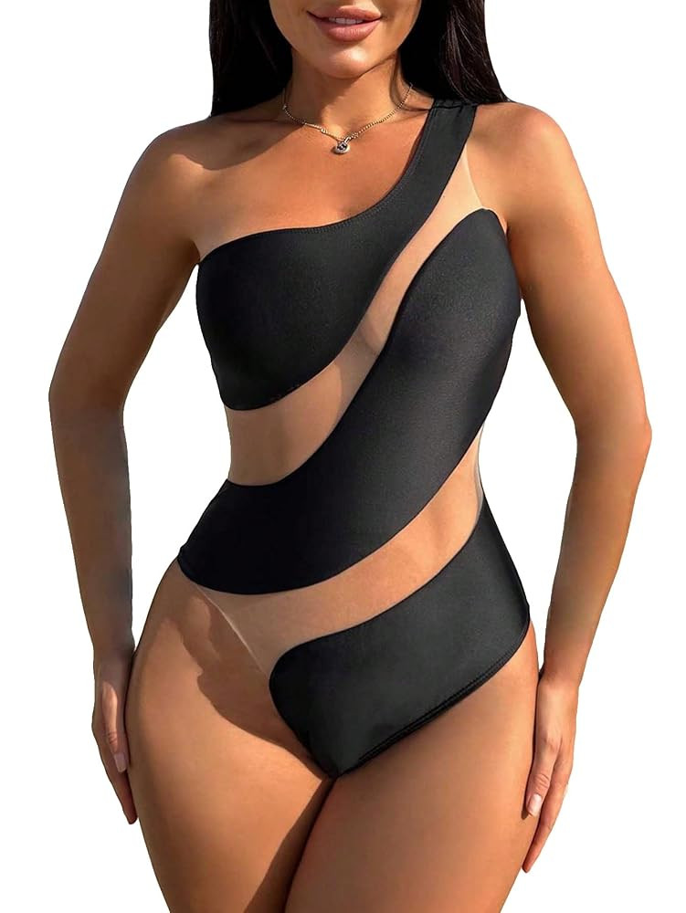 OYOANGLE Women's Black One Shoulder Asymmetrical Neck Mesh One Piece Swimsuit | Amazon (US)