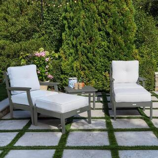 Lehigh Coastal Teak 5-Piece Recycled Plastic Patio Conversation Deep Seating Set with Ottoman, unbrella Linen Cushions | The Home Depot