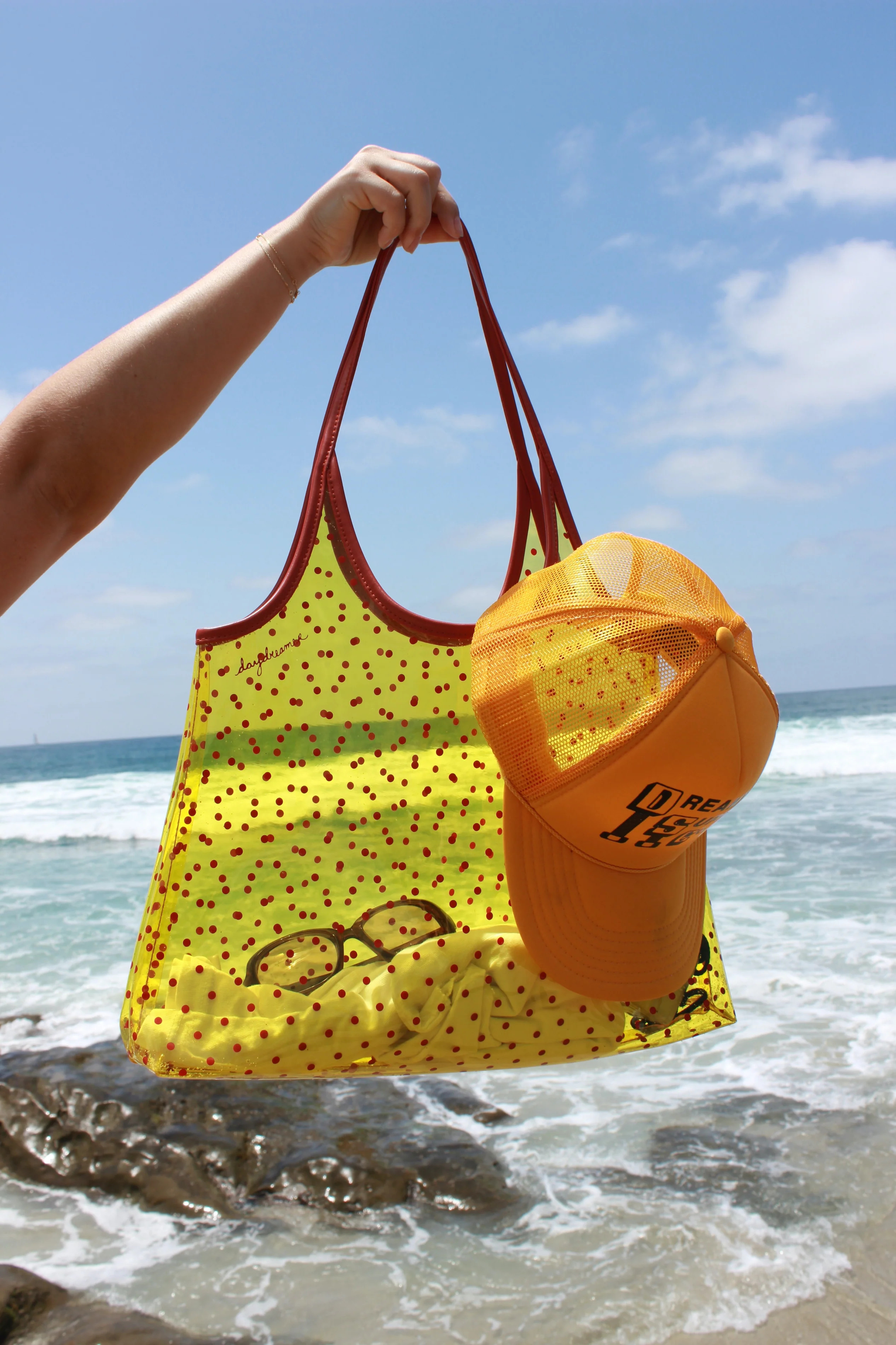Daydreamer Polka Dot Jelly Tote in Yellow | Clear Vinyl Tote Bag in Mango | Daydreamer