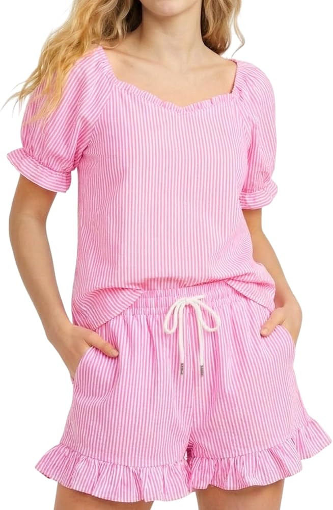 Capoda Women Summer 2 Piece Outfit Cotton Striped Square V-Neck Lantern Sleeves Top High Waist Sh... | Amazon (US)