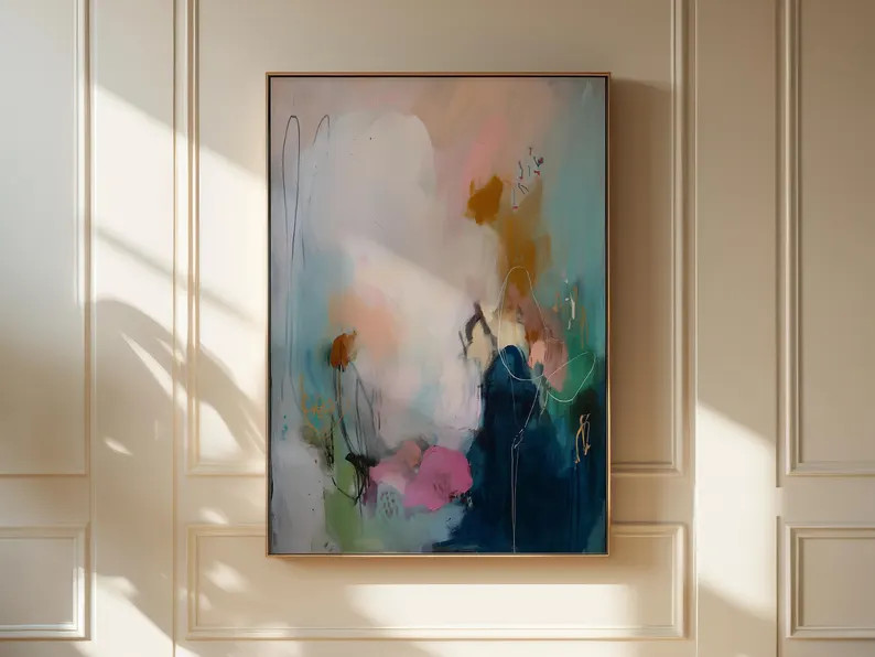 Soft Contemporary Framed Wall Art Vertical Abstract Canvas Giclée Print in Teal Pink Gold Modern... | Etsy (US)