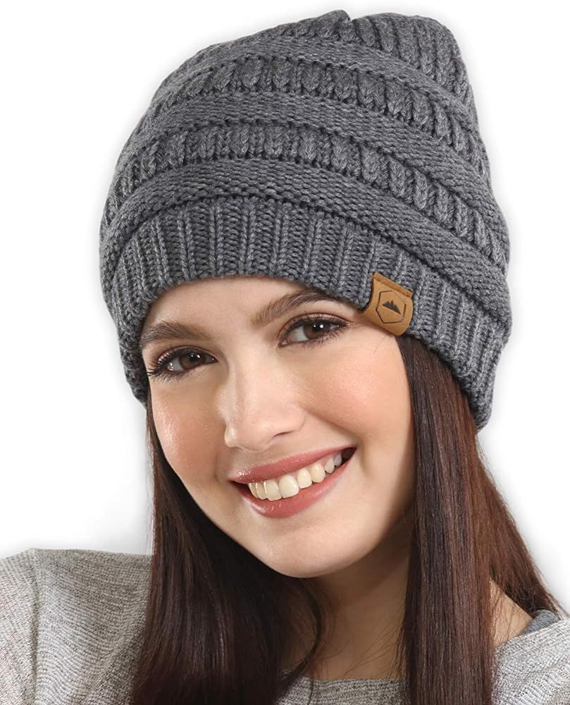 Womens Beanie Winter Hat - Warm Chunky Cable Knit Hats - Soft Stretch Thick Cute Knitted Cap for ... | Amazon (US)