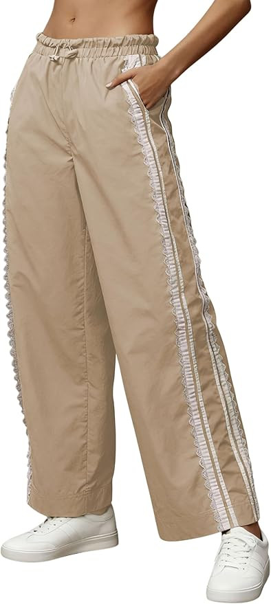 Women Baggy Track Pants Lace Side Stripe Drawstring Elastic Waist Wide Leg Parachute Pants with P... | Amazon (US)