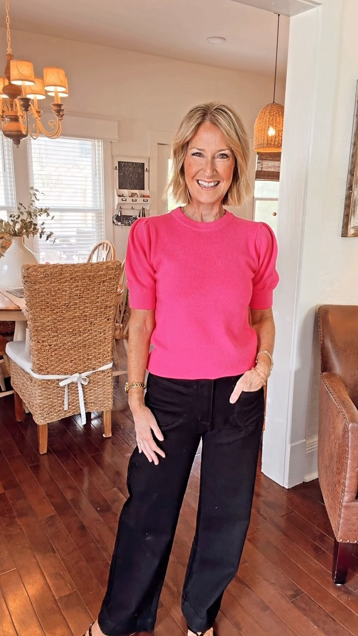 Black + hot pink is always a favorite 🖤🩷 The puff sleeve detail makes this sweater extra special and these patch pocket jeans are comfy, flattering and petite-friendly.  Sweater - Size small 
Jeans - Size 2

#LTKPetite #LTKootd #LTKOver40
