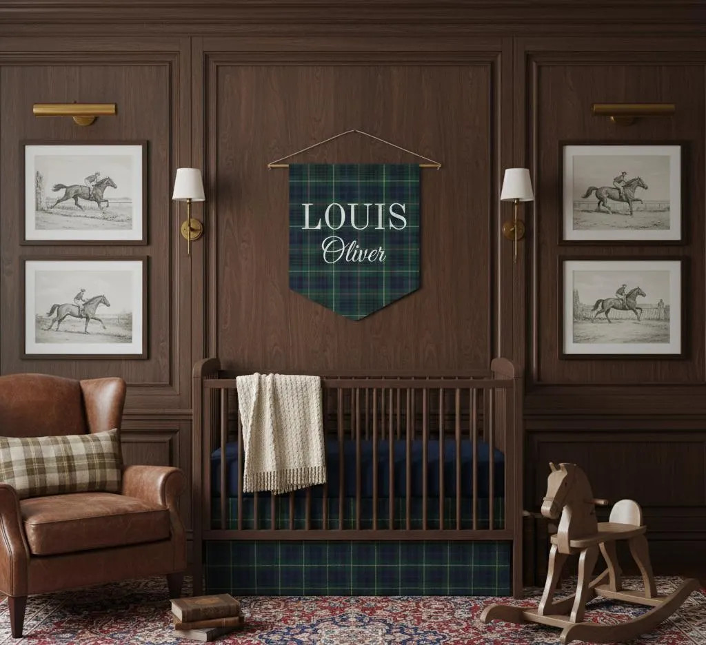 Vintage Preppy Navy & Green Tartan Name Pennant Personalized Plaid Wall Banner Custom Name Nursery Decor Old Money Equestrian Kids' Rooms | Etsy (Global)