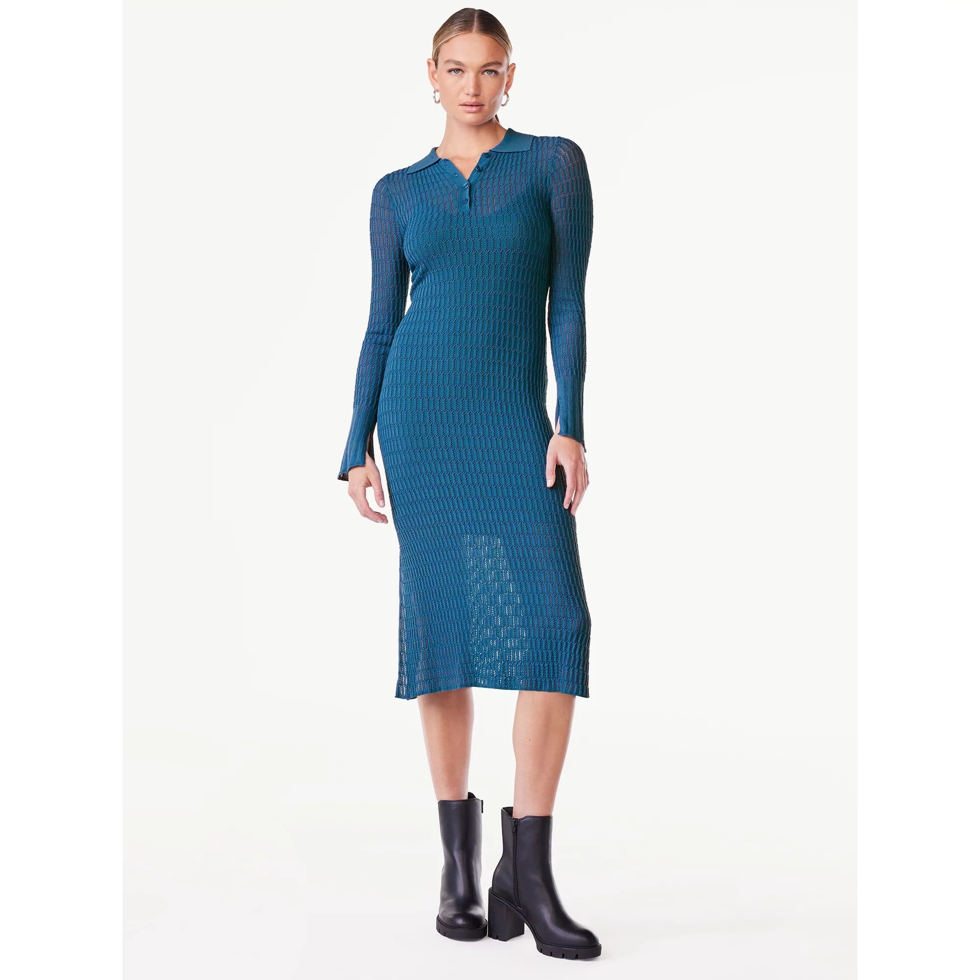 Scoop Women's Sheer Polo Sweater Dress, Sizes XS-XXL | Walmart (US)