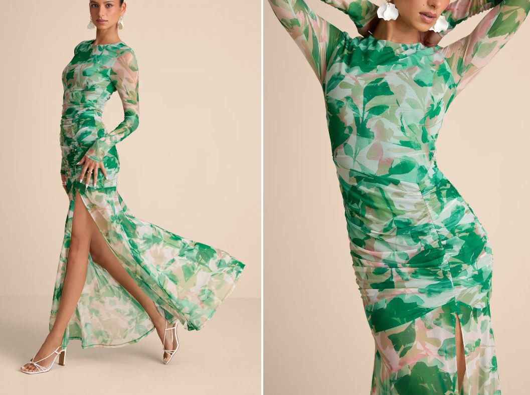 Vibrant Poise Green Floral Print Mesh Ruched Maxi Dress
Lulus womens outfits for wedding guest dress florial easter 

 