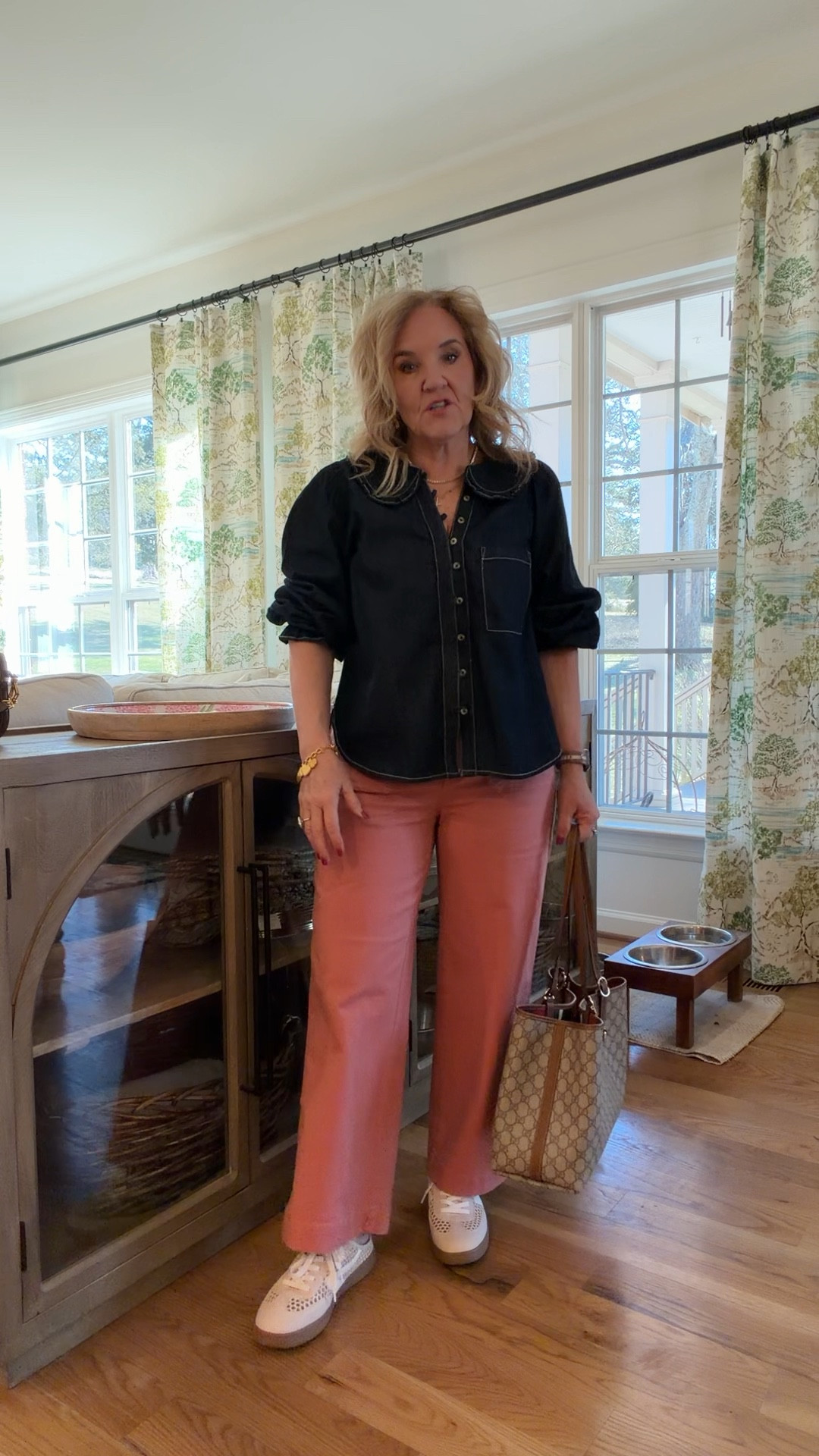 Denim top size medium 
Pants sized down to a 6 reg 
Sneaker mules true to size 
Denim quilted jacket medium 

#LTKPetite #LTKootd #LTKOver40