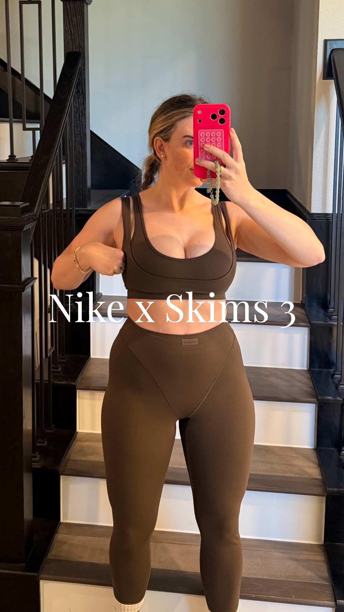 Definitely the most “Kim” of the Nike X skims collab pieces lol. Top is not very supportive, and has a low neckline. This is a medium & the straps are a tad loose. Wouldn’t recommend sizing up/but just know the neck line is low. Loving the look of the double strap though. & VERY soft- doesn’t dig into shoulders. 

Leggings are S & TTS. It’s almost like a double layer of that buttery fabric! Probably my most comfortable pick so far! Awk pic.. but wanted to make sure to show the waist/crotch (I guess🤭) detailing. It follows into the back too- but thinner to flatter the booty! Kim K set vibes sure 🤪

#LTKfitnessgoals #LTKPetite #LTKmomlife