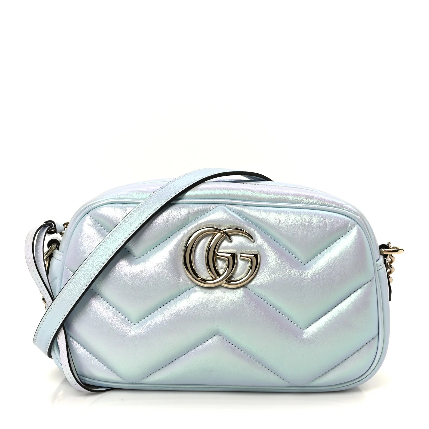 Gucci Iridescent Nappa Chevron Matelasse Small GG Marmont Chain Shoulder Bag Iridescent Salvy Gre... | FASHIONPHILE (US)