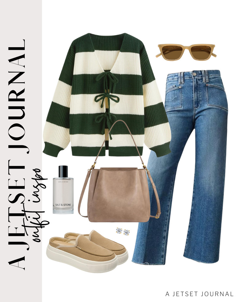 Pair this striped green cardigan sweater with these jeans from Astylish, then add a LOVEVOOK shoulder bag and Project Cloud loafers. Wear these SOJOS sunnies and stud earrings from TILO JEWELRY for this look. 

 #LTKSeasonal #LTKSaleAlert #LTKTravel
