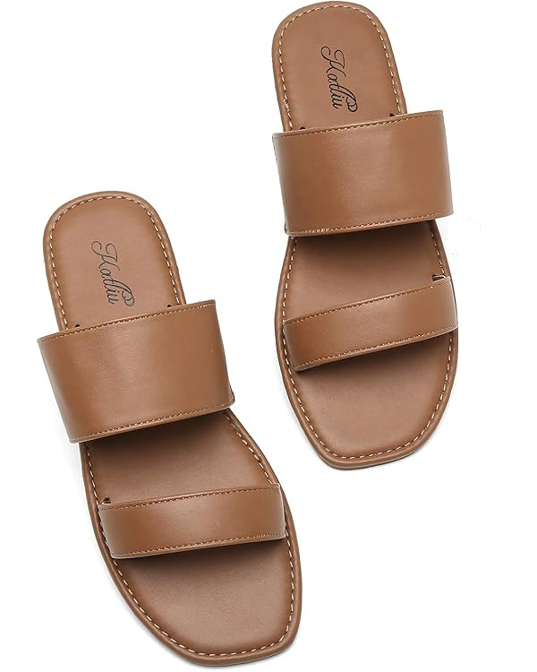katliu Women's Flat Sandals Two Strap Slide Sandals Open Toe | Amazon (US)
