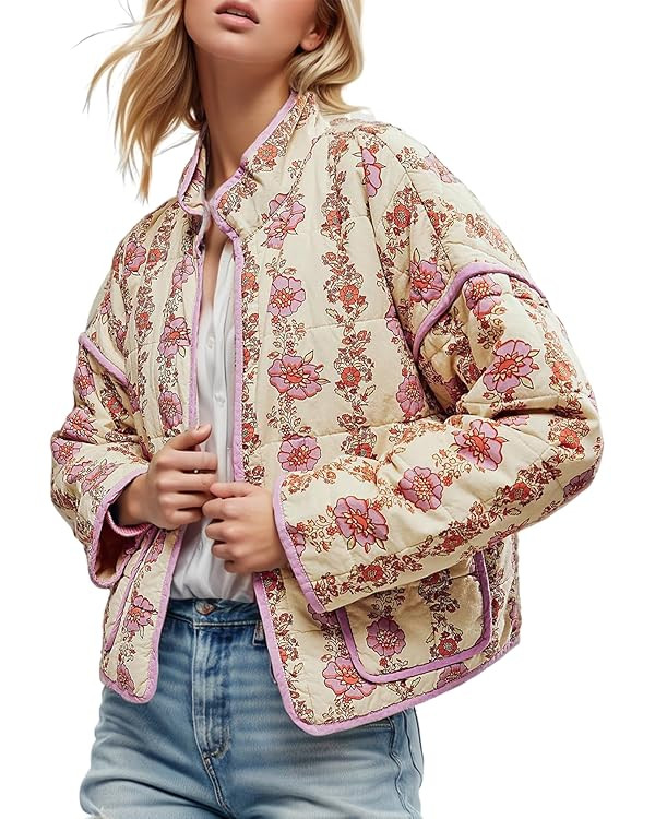 Yimoon Women's Cropped Puffer Quilted Jacket Vintage Floral Print Open Front Lightweight Short Ja... | Amazon (US)