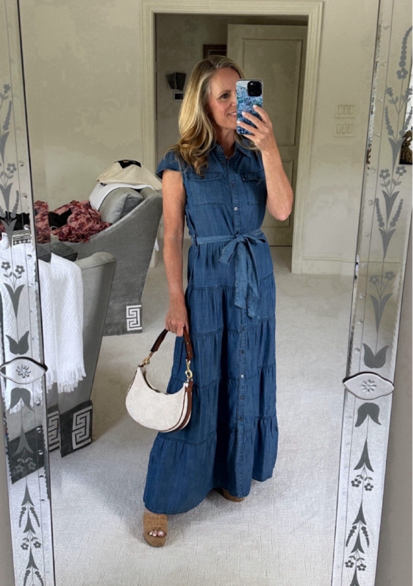 Tanya x Avara chambray maxi dress perfect for fall transition
Lightweight fabric with multitiered skirt and self  belt 
Fits ttts
I’m 5’2” tall with 4” wedges for length reference 

#LTKSeasonal #LTKOver40 #LTKStyleTip