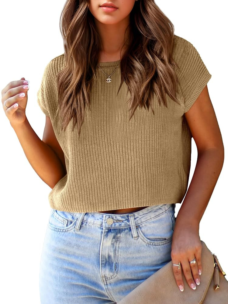 Saodimallsu Womens Cap Sleeve Crop Tops Summer Trendy Going Out Crew Neck Loose Knit Cropped Swea... | Amazon (US)