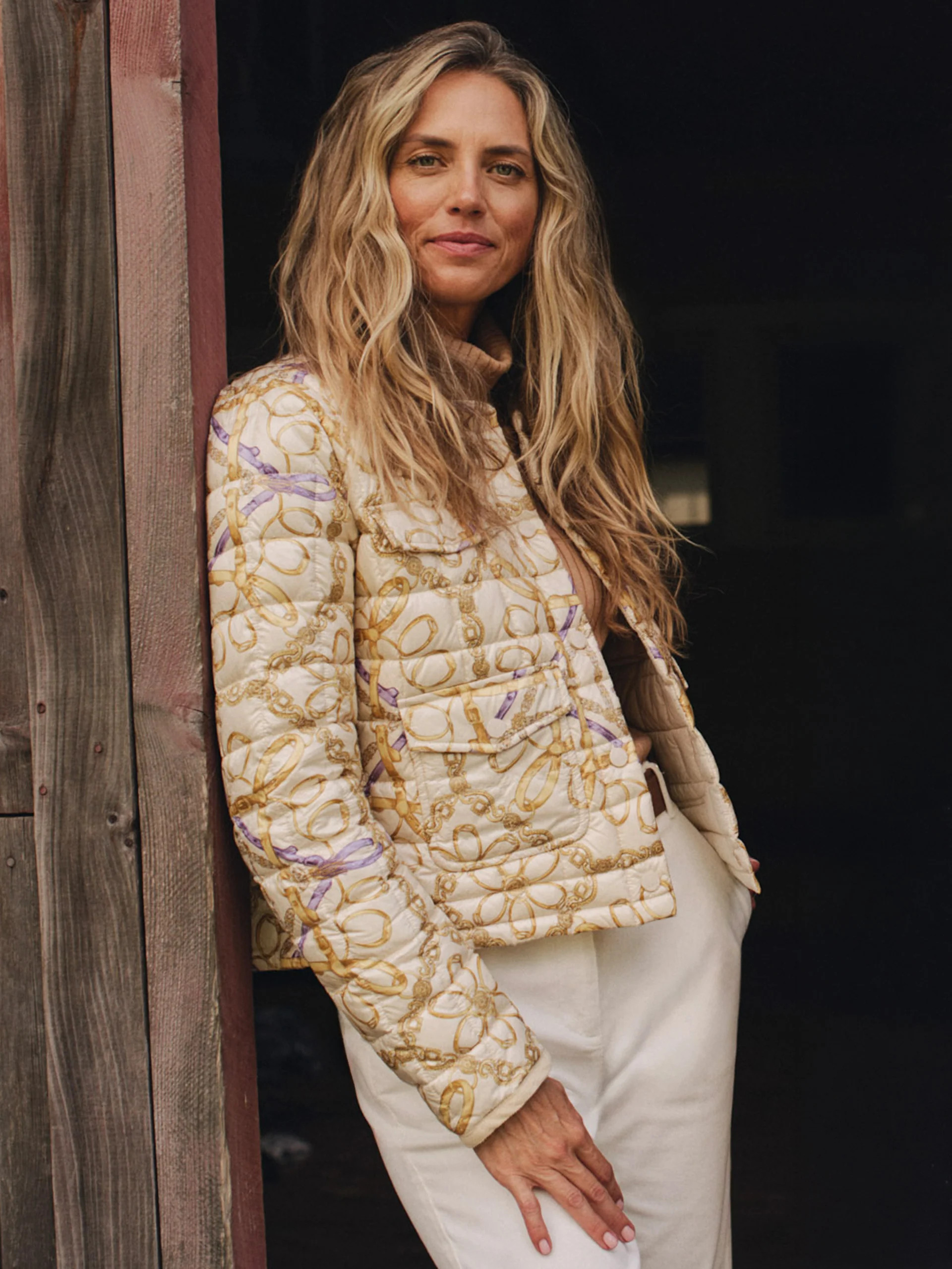 Cream/Gold Mini Heraldic Tassel Con Laurel Puffer | Women's Jackets... | J.McLaughlin