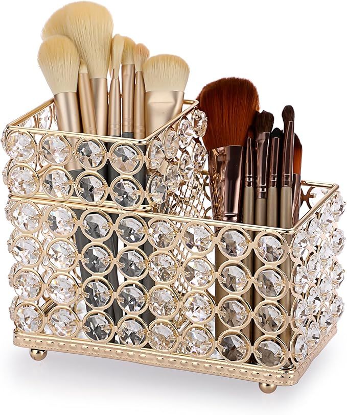 ELLDOO Golden Crystal Makeup Brush Holder, 2 Slot Cosmetic Organizer Storage Center, Lipstick Eye... | Amazon (US)