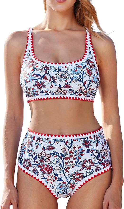 MOOSLOVER Women High Waisted Bikini Sets Full Coverage Two Piece Swimsuit Retro Floral Modest Bat... | Amazon (US)