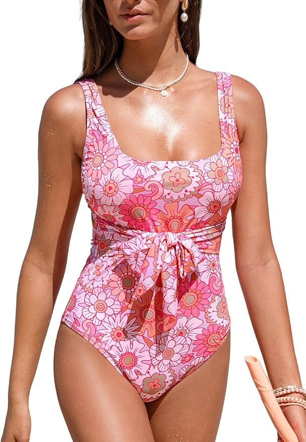 CUPSHE Women's One Piece Swimsuit Square Neck Bathing Suit Knotted Wide Straps Back Hook Swimwear | Amazon (US)