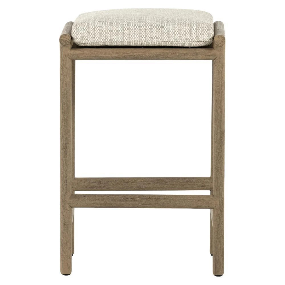 Karimm Beige Upholstered Natural Teak Wood Frame Outdoor Counter Stool | Kathy Kuo Home