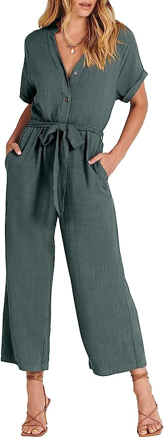 ANRABESS Women's Short Sleeve V Neck Buttons Waist Belt Straight Wide Leg Cropped Jumpsuits Rompe... | Amazon (US)