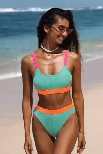 Women Two Piece Scoop Neck Bikini Crop Top Swimsuit Sporty High Waisted  Bathing Suit with Bottoms Tie Knot Front Swimwear