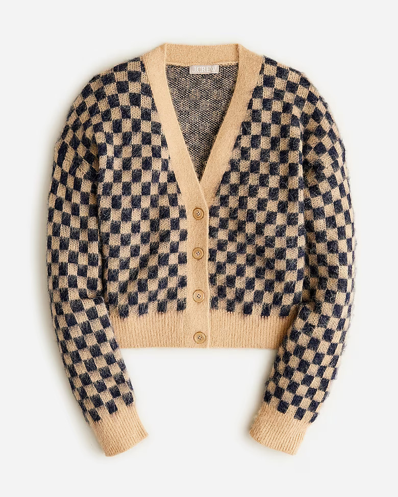 Checkered V-neck cardigan sweater in brushed yarn | J. Crew US