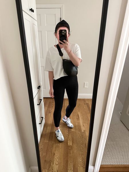 basic black & white casual weekend mom outfit 

crop-ish white tee - small, Amazon
fave black leggings - small regular length 
new adidas samba sneakers 
splurge Clare V crossbody Grande Fanny bag
Lele Sadoughi headband 

#LTKtravel #LTKover40 #LTKshoecrush