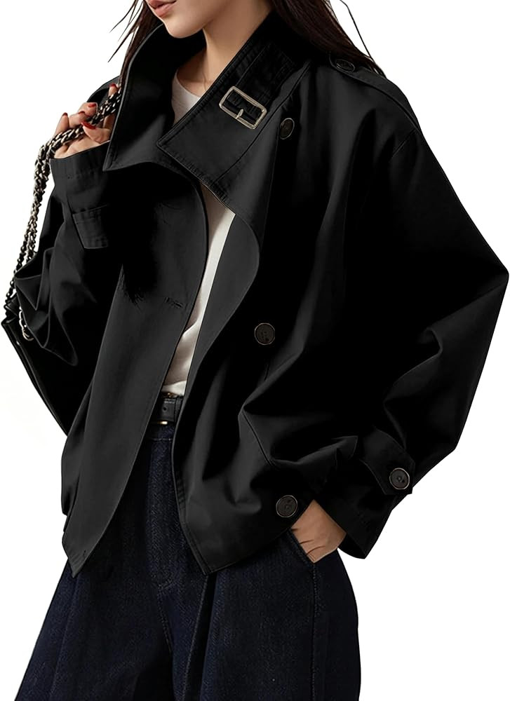 Megfie Jackets for Women Trendy Vintage Trench Coat Turtleneck Crop Jackets with Pockets | Amazon (US)