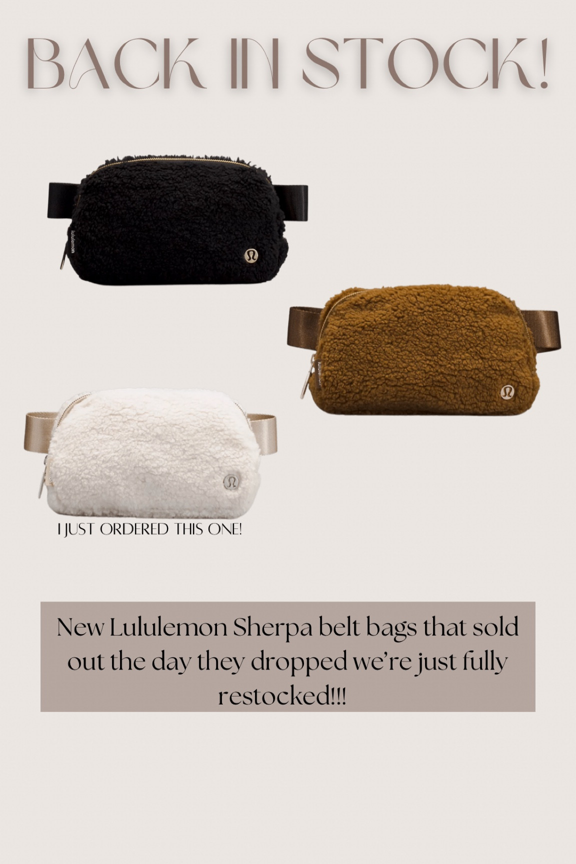 New lululemon Sherpa belt bags were just fully restocked!!! RUN! I just ordered the cream one! So excited 

#LTKSeasonal #LTKstyletip #LTKunder100