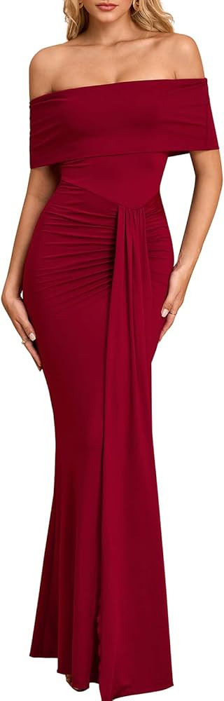 Off The Shoulder Formal Maxi Dress Fall Wedding Guest Ruched Bodycon Cocktail Party Dresses for W... | Amazon (US)