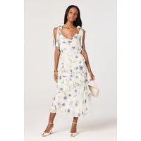 ASTR the Label | Fen Floral Tie-Strap Ruffle Midi Dress in Off white purple fl |  Size S | ASTR The Label (US)