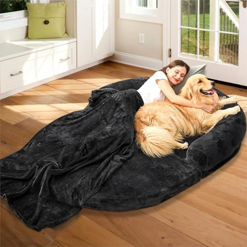 Human Dog Bed for Adult People, Large Gaint Shared Bed Foldable Adjustable Flufelbed Standard Cloud Bed with Memory Foam,Fluffy Faux Fur Orthopedic Nap Dog Bean Bag Sleeping Bed with Black Blanket | Amazon (US)