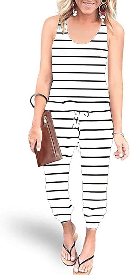 ANRABESS Womens Summer Scoop Neck Sleeveless Tie Dye Striped Jumpsuits Casual Tank Rompers with P... | Amazon (US)