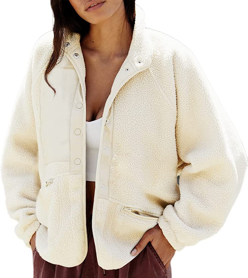 PRETTYGARDEN Women's Casual Lapel Long Sleeve Button Sherpa Fuzzy Jacket Coat Winter Fleece Outwear  | Amazon (US)