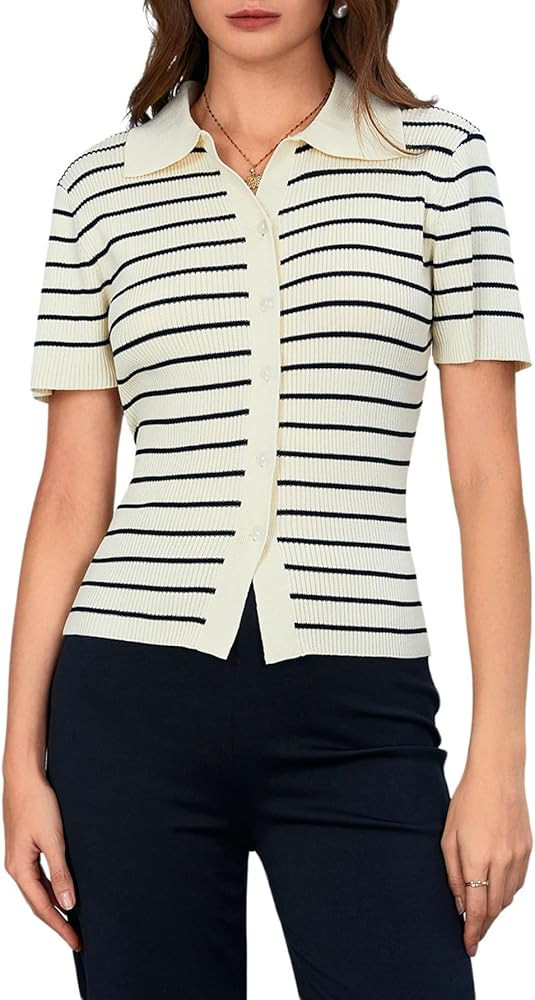 Verdusa Women's Striped Ribbed Knit Button Down Sweater Top Collar Short Sleeve Tee | Amazon (US)