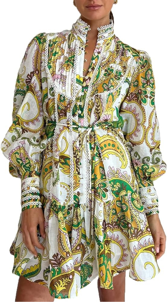 Roiii Women A-Line Lace Loose Baroque Button Down Long Sleeve Casual Dresses V Neck Embroidery Pa... | Amazon (US)